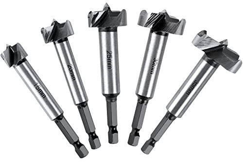 Flintronic Mèches Bois Coffret de 5 Fraise Bois Façonner à Poignée Hexagonale Positionnement Ajustable Scie Cloche au Carbure HSS pour Massif, Liège, Attelle, Contreplaqué (15,20,25,30,35mm)