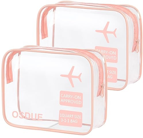 OSDUE 2 Stück Kulturbeutel Transparent, Flugzeug PVC Kosmetiktasche Wasserdicht, Handgepäck-Reisezubehör, Kulturtaschen für Männer, Frauen, Kinder, Familie (Rosa)