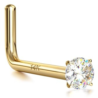 BUTADR 14K Real Gold Nose Studs, 18G 20G Solid Gold L Shaped Nose Rings, Simulated Diamond CZ Hypoallergenic Nose Piercings for Women Men 20G 1.5MM