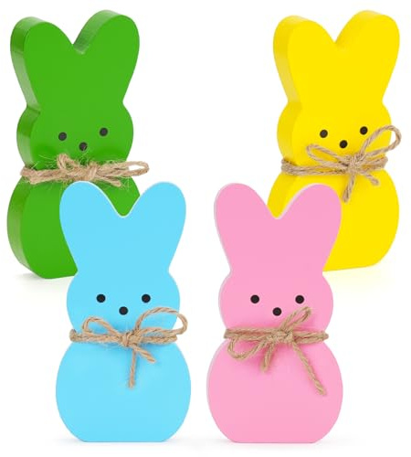 Babycop Easter Décor, 4 Pcs Bunny Table Decorations Wooden Spring Signs for Home, Wood Rabbit Tiered Tray/Mantal Décor for Farmhouse or Office Party Supplies
