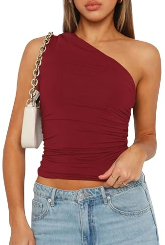 YILEEGOO Women Sexy Sleeveless One Shoulder Crop Tank Tops Ruched Tight Slim Fitted Workout Y2K Vest Top Trendy Cami Going Out Tops (Z1 Wine Red, S)