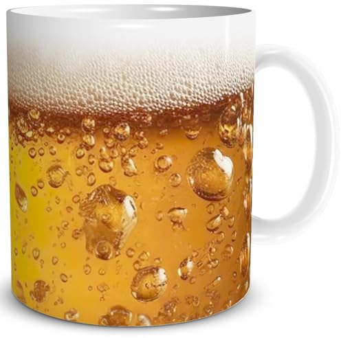 TRIOSK Tazza da birra con motivo birra, effetto bicchiere da birra, regalo divertente per uomini, amici, amanti della birra, ragazzi, lavoro, colleghi, compleanno, papà, festa del papà, ceramica, 300