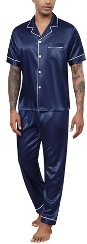 Reliwel Herrpyjamas herrpyjamas silke herr satin kort ärm med knappar sommar pyjamas herr tvådelad klassisk, Marinblå, L