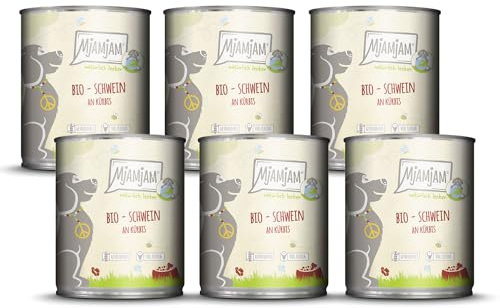 MjAMjAM - Nourriture humide premium pour chiens - naturellement délicieuse - BIO porc à la citrouille, paquet de 6 (6 x 800g), sans céréales avec extra viande