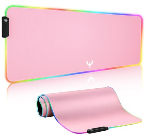 BladeHawks Extra stor RGB spelmusmatta, utökad mjuk LED-musmatta, halkfri gummibas, musmatta för datortangentbord (80 x 30 cm) rosa