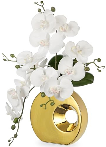 Kunstpflanze Orchideen mit Keramik Donut Vase Künstliche Blume Phalaenopsis Kunstblumen Wie Echt Mit Real-Touch Blüten im Keramiktopf für Tischdekoration Wohnkultur Büro Hochzeitsfeier Dekoration