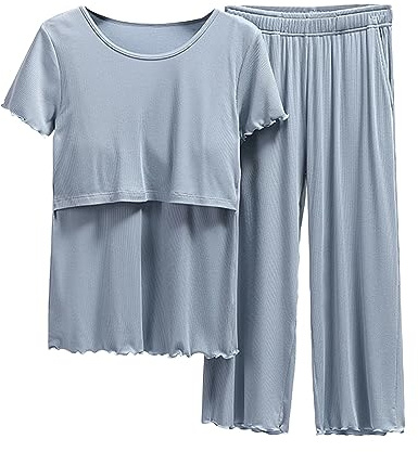 Pijama para lactancia materna, camiseta y conjunto para mujer, camiseta de maternidad para bebé, pantalones cortos, tops de maternidad para dormir, azul, M