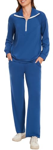 Molirex Conjunto de chándal para mujer de dos piezas, traje deportivo de manga larga, set de chándal con media cremallera, azul, L