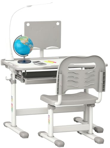 HOMCOM Juego de Escritorio y Silla Niños Altura Ajustable +6 Años Gris