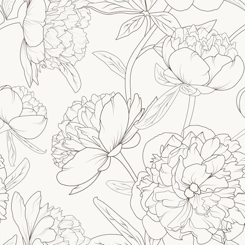 VEELIKE Tapet blommor beige skiss pion blomma tapet fototapet blommor krämvit mönstertapet 44,5 cm x 300 cm självhäftande tapet vintage boho tapeter för sovrum badrum avtagbar