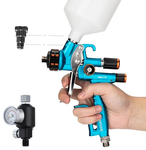 PORPHIS PRD-716 1.3mm HVLP Nozzle Gravity Feed Spray Gun Starter Bundle – Includes Inline Regulator & Filter, PPS 1.0 Adapter, and Cleaning Kit