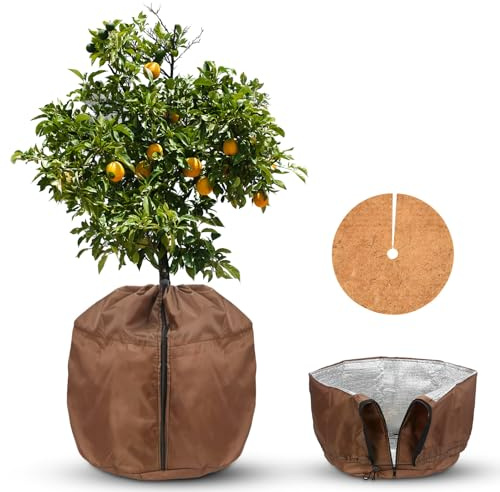 TTYSHIP Protector térmico para macetas, 50 x 45 cm, para invierno, con cordón, cremallera y disco de mantillo de coco para protección de plantas de invierno (marrón)