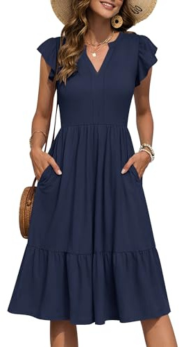 PLMOKEN Summer Dresses for Women UK Floral Short Sleeve Sundress Navy Blue