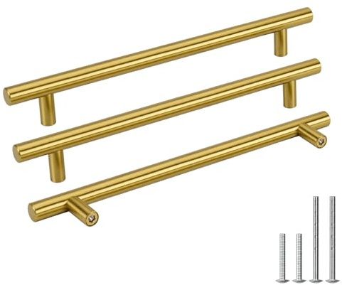 Goldenwarm 5pcs Kitchen Cupboard Door Handles - Brushed Brass Cabinet Wardrobe Drawer Door Handle Pull Knob for Furniture Kitchen Hardware, 224mm Hole Center