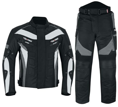 Waterproof Motorbike Motorcycle 2 Piece Full Suit Jacket + Trouser in Cordura Fabric and Armour - 6 Packs Design Most Popular (Black & Grey, Large)