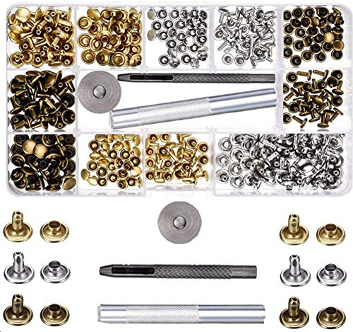 der Räumungsverkauf! 180 Set 2 Größen Leder Nieten Doppelkappe mit 3 Werkzeugen für Heimwerker Leder-Basteln, 3 Farben Gold, Silber und Bronze