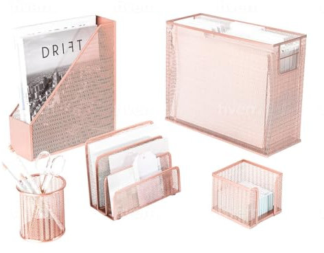 Blu Monaco 5 Piece Cute Office Supplies Rose Gold Desk Organizer Set - with Desktop Hanging File Organizer, Magazine Holder, Pen Cup, Sticky Note Holder, Letter sorter - Rose Gold Desk Accessories