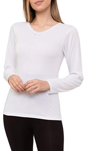 Camiseta Interior Térmica Algodón Manga Larga Mujer Cuello de Pico Color Liso (Blanco, M)
