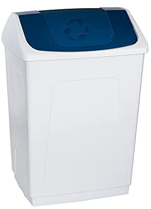 Papelera 55 litros blanca con tapa basculante azul, diseño rectangular y fácil de limpiar, ideal para reciclaje en cocina y hogar | Denox