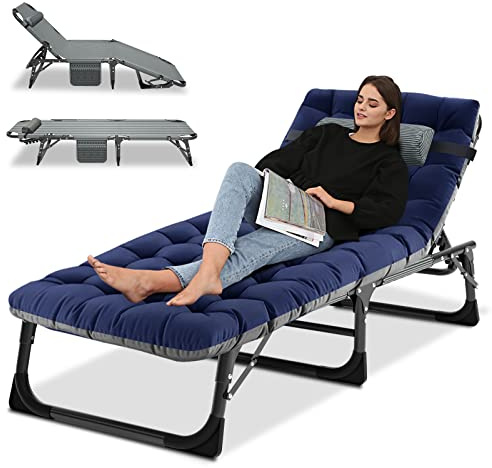 Camping Cot, Adjustable 4-Position Adults Reclining Folding Chaise with Pillow, Outdoor Portable Lounge Chair Sleeping Cots Bed, Perfect for Camping, Pool, Beach, Patio, Navy Blue
