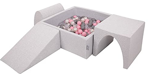 KiddyMoon Spielplatz Aus Schaumstoff Mit Quadrat Bällebad (200 Bälle) Ballgruben Für Babys Spielbad Hindernisläufen, Hergestellt In Der EU, Hellgrau:Perle/Grau/Transparent/Puderrosa