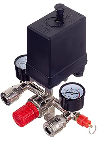 Druckregler 400 V mit Druckschalter mit 2 Messanzeigen von 0 bis 12 bar, Außengewinde 1/2“ (~21 mm), Druckschalter für 400V Kompressor, Druckluft Kompressor, Abschaltautomatik, TYP PL-400