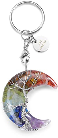 Jovivi Portachiavi Luna in Chakra Pietra Naturale, Portachiavi di Albero della Vita con Filo Avvolto per Reiki Meditazione, Porta Chiavi Portafortuna in Cristallo da Donna-7 Chakra Personalizzato