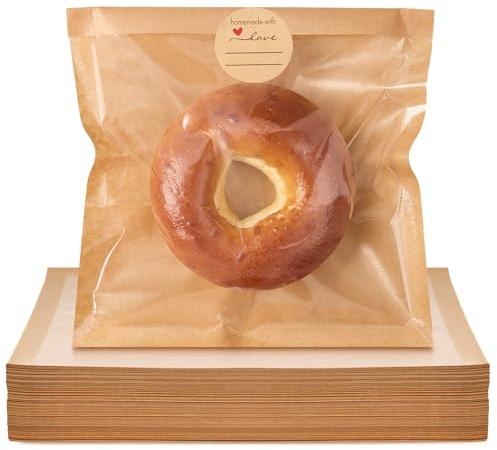 ZORRITA 200 Pack Heat Sealable Bakery Bags with Window, Kraft Paper Grease Resistant Bagel Bags To Go Bags for Packaging Cookie, Donut, Pastries and other Treats (7.1 x 7.5 Inch)
