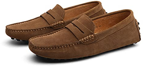 Hommes Chaussons Mocassins, Chaussures Plates pour Hommes en Cuir Suédé, Penny Loafers Décontractés à Enfiler sur Le Pont du Bateau pour Adultes Et Adolescents Unisexes (Brown,45)