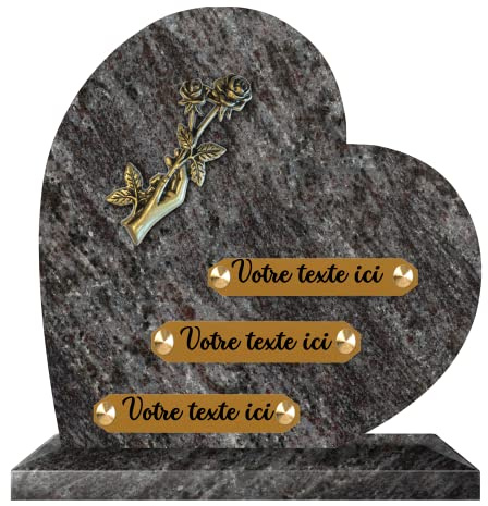 France Tombale Plaque funéraire personnalisée coeur - Granit - assemblée en France - bronze main roses - H 30 X L 30 cm - 3 textes