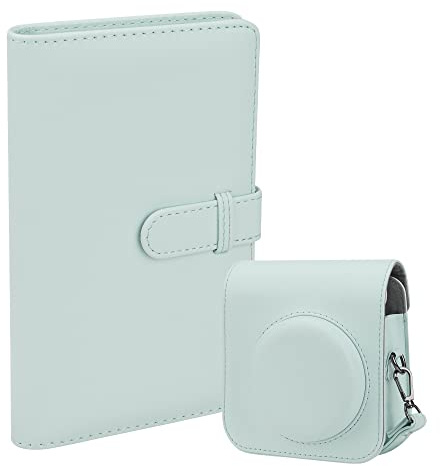 ZUIKAKU Protective Camera Case PU Leather Bag Cover for Fujifilm Instax Mini 12 Instant Camera with Removable Adjustable Strap, 108 Pockets Photo Album for Instax Mini 12 Camera.(Mint Green)