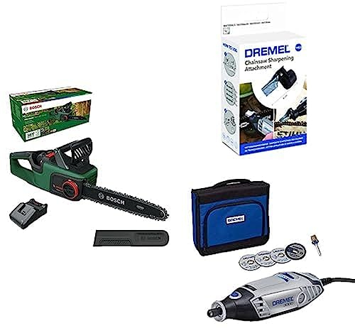 Bosch Akku-Kettensäge AdvancedChain 36V-35-40 + Dremel 3000 + Dremel 1453 Kettensägen-Schärfset, Rotationswerkzeug-Zubehörset - Amazon Exclusive Set