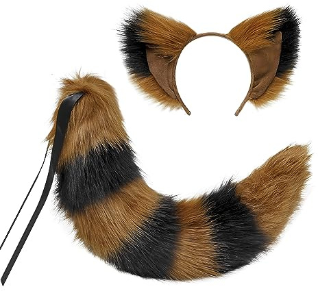 NICEYEA Halloween Cosplay Kostüm Fuchs Ohren und Schwanz Set Kunstpelz Katze Wolf Waschbär Ohren und Schwanz Set Tier Pelzschwanz Ohren Stirnband Halloween Weihnachten Rollenspiel