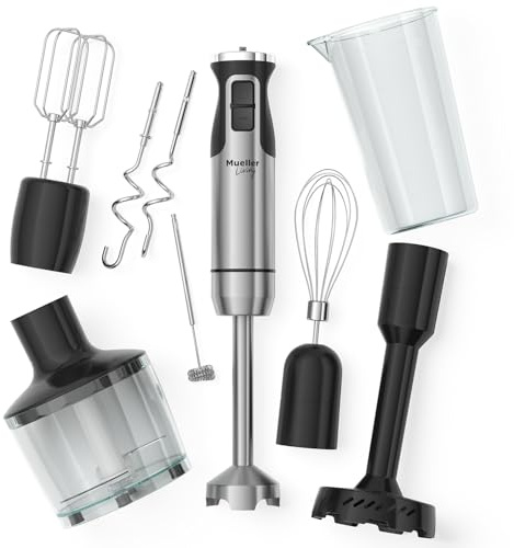 Immersion Hand Blender Full Kitchen Set - 8 Speed Immersion Blender, Hand Mixer with 7 Attachments: Stainless Steel Blade, Whisk, Milk Frother, Beater, Mixing Hooks, Potato Masher, Chopper Bowl