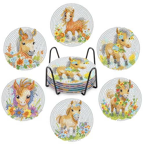 NAIMOER 6Stück Pferd Diamond Painting Untersetzer mit Halter, DIY Tiere Untersetzer, Kaffee Diamant Painting Blumen Untersetzer für Erwachsene Kinder, Getränke Untersetzer, 5D Diamant Untersetzer