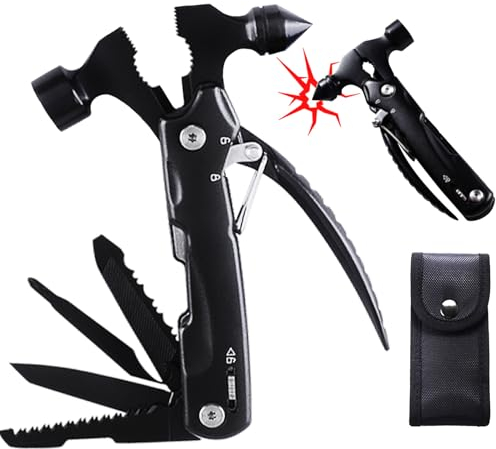 JIGOOPLEY Camping Zubehör Multitool Werkzeug Taschenmesser 12in1 Gadgets, klappmesser klein Hammer, Angelzubehör Outdoor Wandern Jagd Gadgets Reparieren Multitools Messer Faltbar Edelstahl