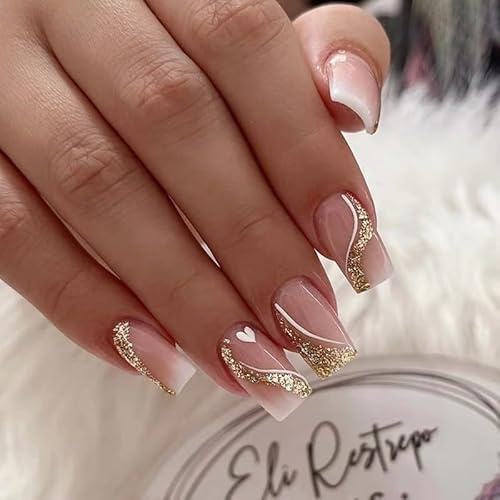 Angwis 24pcs Short Square False Nails Gold Glitter Sequin Swirl Stick on Nails Nude Pink Ombre Press on Nail with Heart Design Removable Glue-on Full Cover Fake Nail Art Accessories for Women