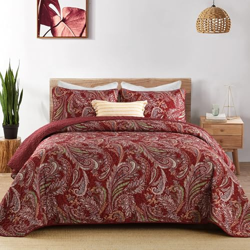 WONGS BEDDING Boho Quilt Set Queen,3 Pieces Red Paisley Pattern Bedspread Coverlet Set,Lightweight Microfiber Bohemian Bedding Set for All Season 96×90