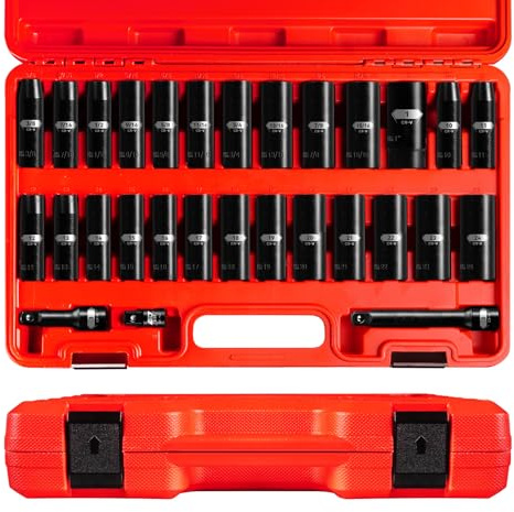 pgroup Steckschlüsselsatz mit 1/2-Zoll-Antrieb, 29-teilig, Standard-6-Punkt-SAE und metrische Größen (3/8-1 Zoll, 10-24 mm), Chrom-Vanadium-Stahl, mit 7,6 cm, 12,7 cm Schlagverlängerungsstangen und