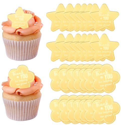 URROMA Cupcake Toppers, 30Pcs Gold Mirror Thanksgiving Stars Flower Shaped Acrylic Cake Picks Cupcake Discs Decor Dessert Ice Cream Toppers Accessories