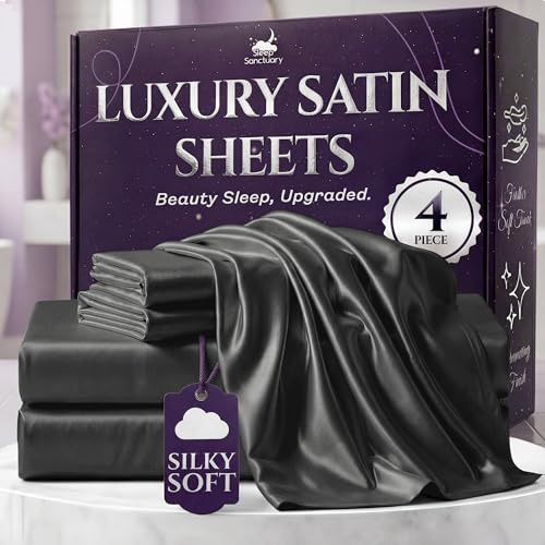 SLEEP SANCTUARY Satin Sheets Queen Size – 4 Piece Luxury Silky Bed Set, Softer Than Silk, 15 Deep Pocket, Cooling & Wrinkle-Free, Moisture-Wicking & Breathable for Hair & Skin (Stone Grey)