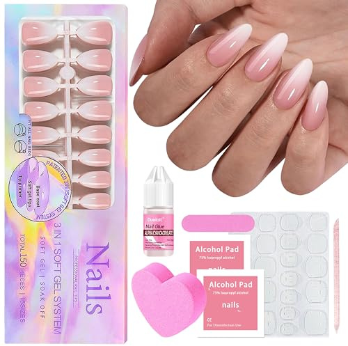 Falsche Nägel Tips Set - 150Stk Press on Nails French Medium Almond, Weiß Rosa Gradient Design Tips für Nägel Full Cover Acryl Künstliche Fingernägel für Frauen & Mädchen (Rosa Mandel, 150x)