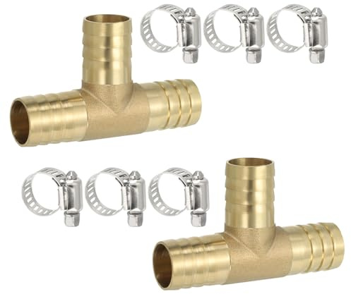 PATIKIL 2 Stück 5/8 Zoll Messing T Stück Wasseranschluss Golden | 3 Wege T-Schlauchverbinder Verbindungsstück T Form, Mit Schlauchschellen, Für Wasser Luft Druckluftschlauch Gas Öl Rohr