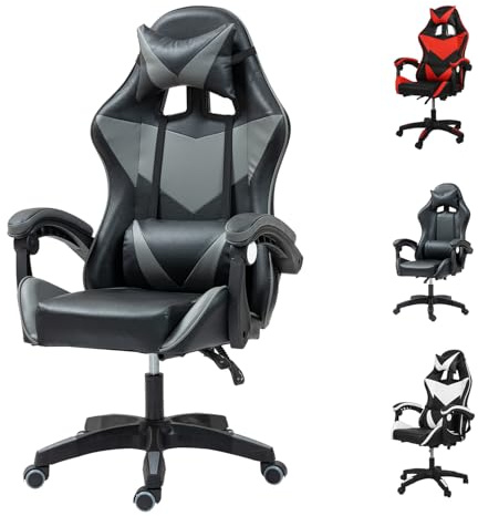GadgetHaven Gaming Chair, Computer Chair with Lumbar Cushion, Headrest, Height-Adjustable Office Chair Gaming Chairs for Adults, Girls, Boys (Grey, no footrest)
