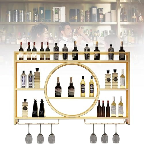 Portabottiglie Da Parete,Porta Bottiglie Di Vino Da Parete Con Ripiano Espositivo Moderno Portabottiglie Da Parete In Arte Del Ferro Con Porta Calici Portabottiglie Vino Da Paret(Size:100cm,Color:Oro)