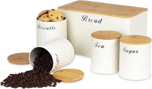 ATEK Bread Bin and Canisters Set 5 Piece Cream Kitchen Storage Tins with Bamboo Lids Tea Coffee Sugar Biscuit Jars and Bread Box Airtight Canister Set for Modern Kitchen