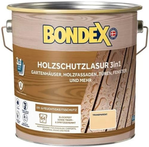 Bondex Holzschutzlaur 3in1, 4 L für 64 m² / Farblos / Wasserbasierende Lasur / Filmschutz, Grundierung und Endbeschichtung / Exzellenter UV- & Feuchtigkeitsschutz