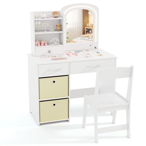 FANTASK Kinder Schminktisch mit Beleuchtung, Kinderschminktisch mit Spiegel, Schubladen & 2 Aufbewahrungsboxen