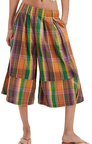 Sujama Pantacourt d'été décontracté à carreaux pour femme - Jambe large - Pantalon capri baggy court avec poches