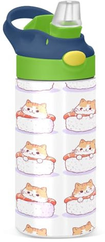 JUMBEAR Bouteille d'eau isotherme en acier inoxydable avec couvercle à paille pour enfants - Motif chat sushi - 350 ml